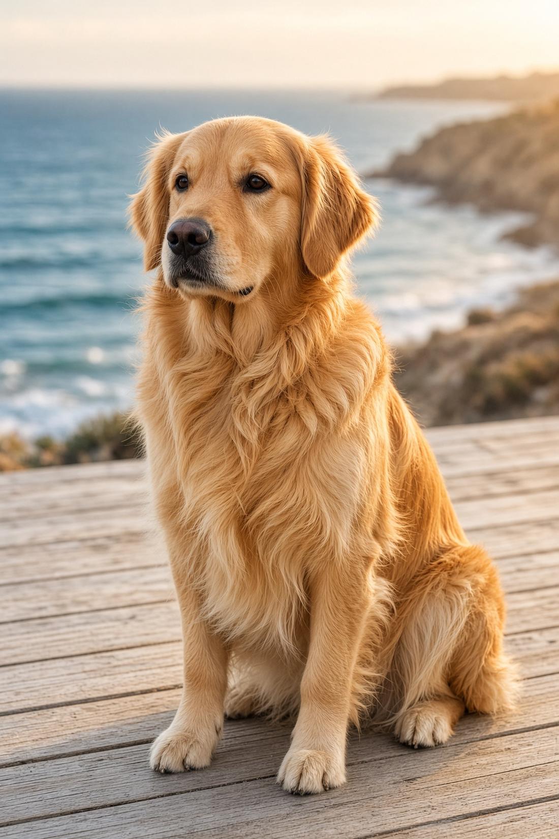 Golden retriever with a full double coat on a deck above the Pacific
