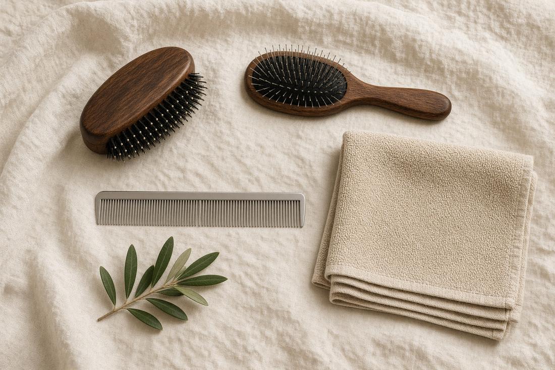 Pin brush, bristle brush, metal comb, and a folded towel arranged on linen