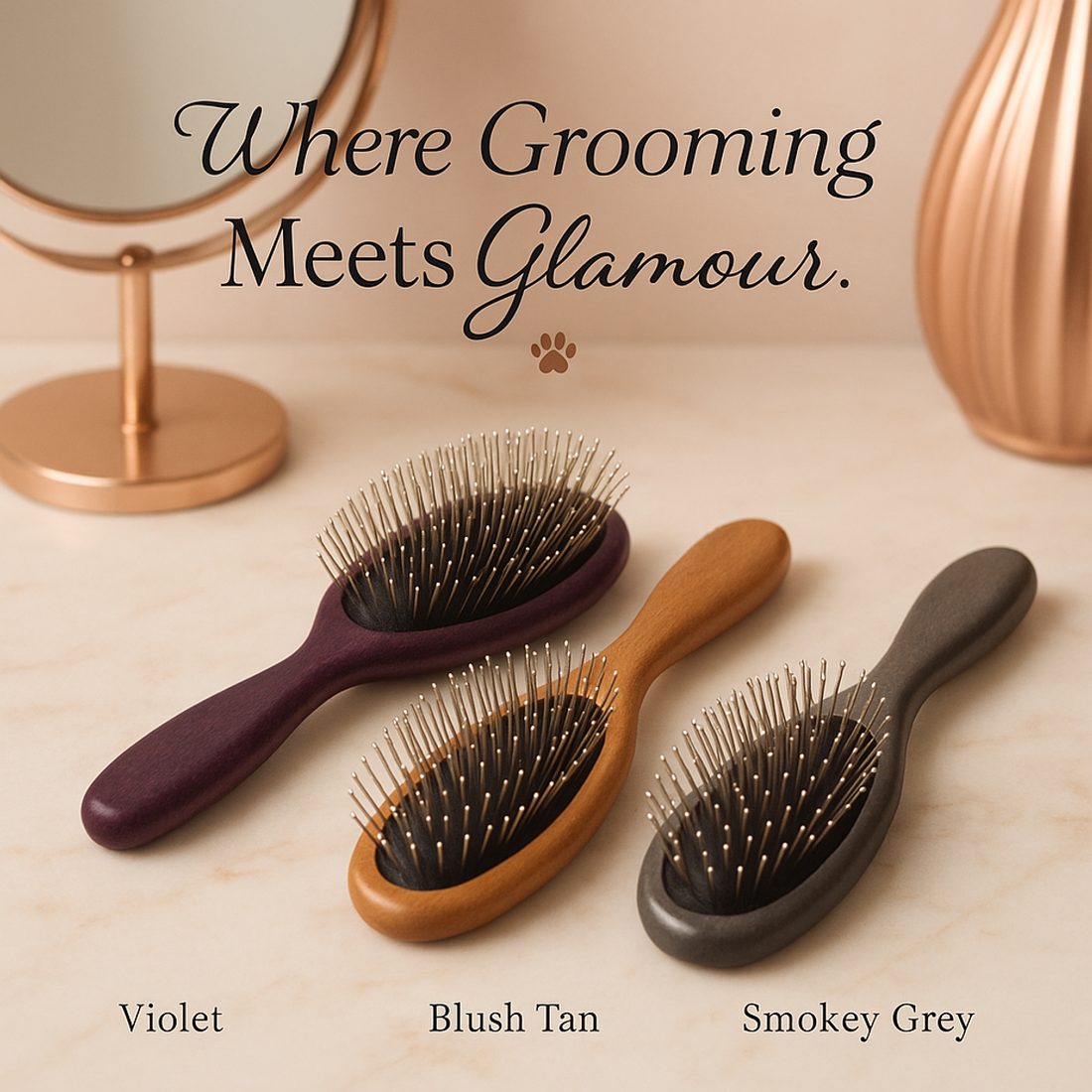 Violet and blush pin brushes from the Posh Pets shop, labeled beside a round mirror