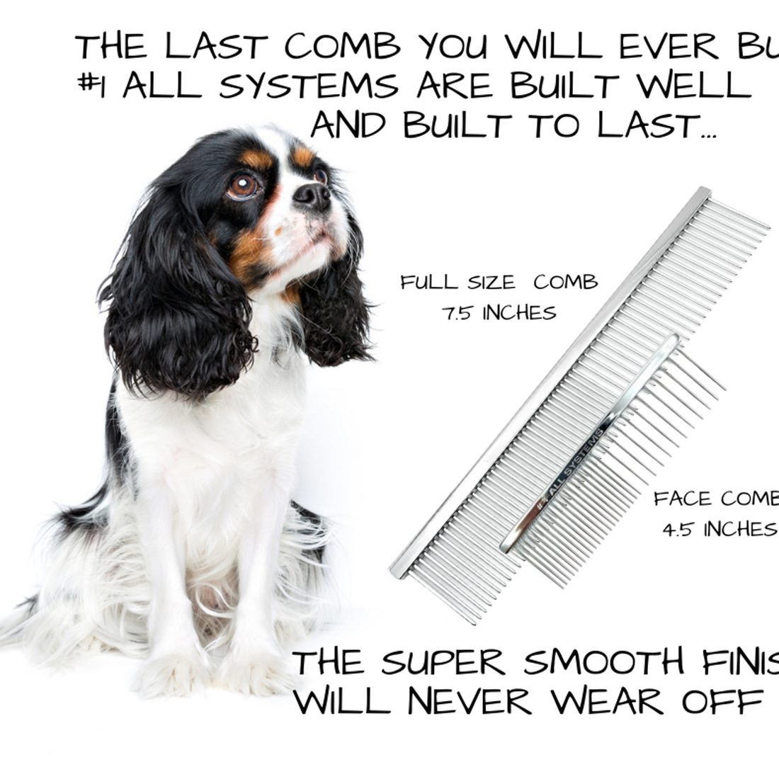 Full-size and pocket #1 All Systems metal combs beside a tricolor spaniel