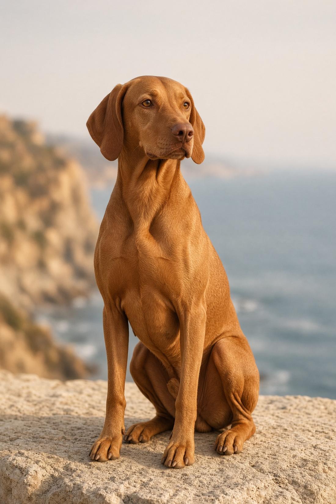 Sleek fawn dog with a short shining coat on a coastal rock