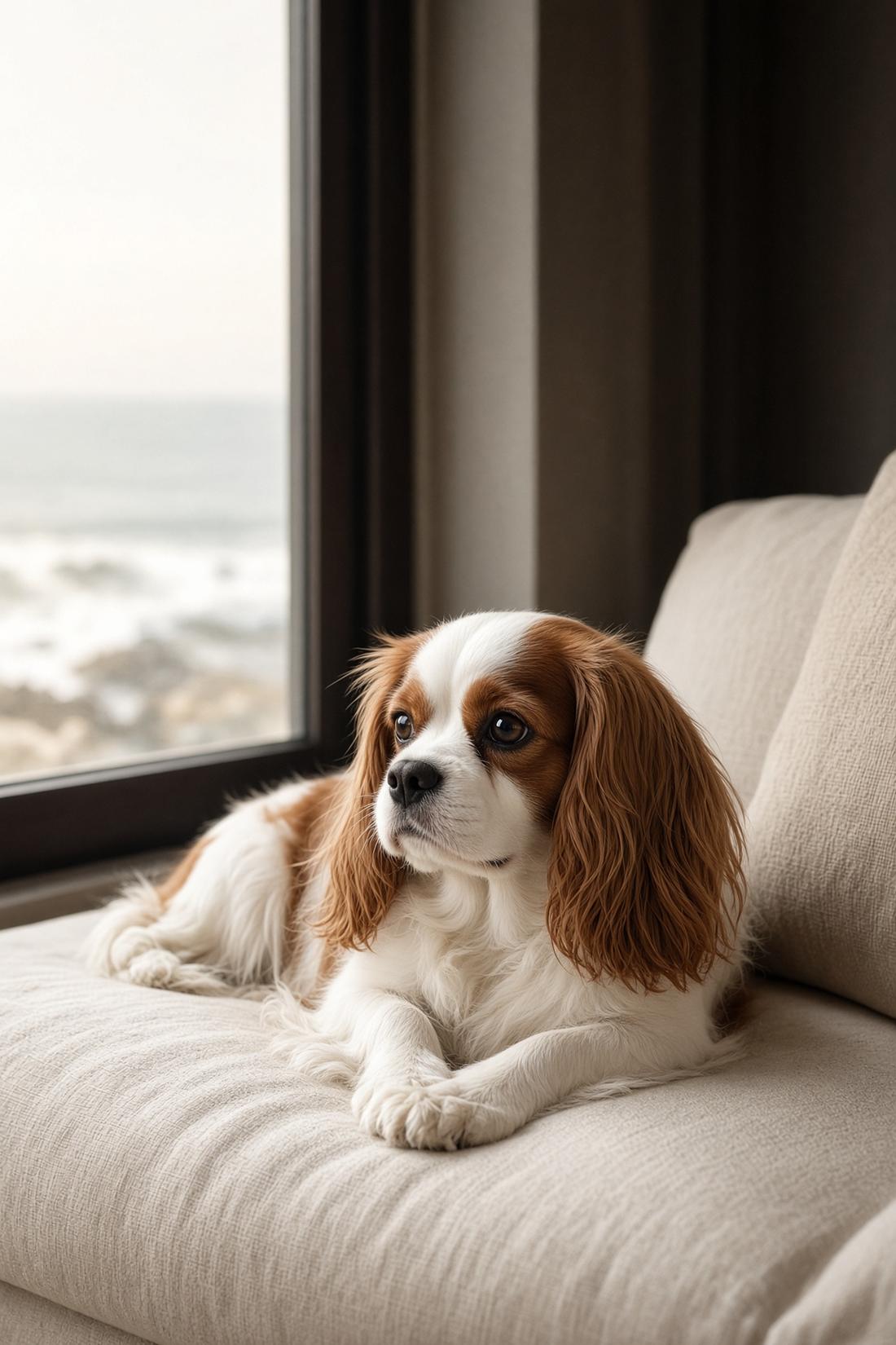 Silky spaniel resting on a linen daybed by a bright window