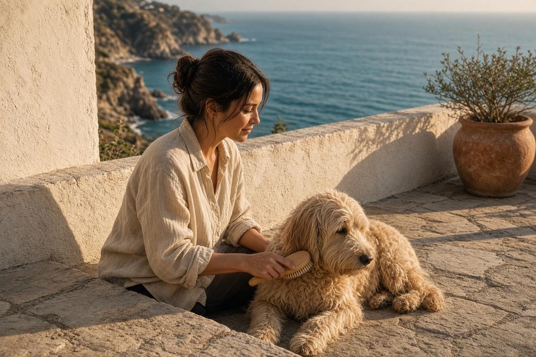 A woman in linen line-brushing a cream doodle on a stone terrace above the Pacific